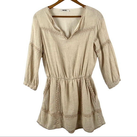 ANINE BING Neutral Linen Cotton Eyelet Lace Trim Dress - Picture 4 of 11